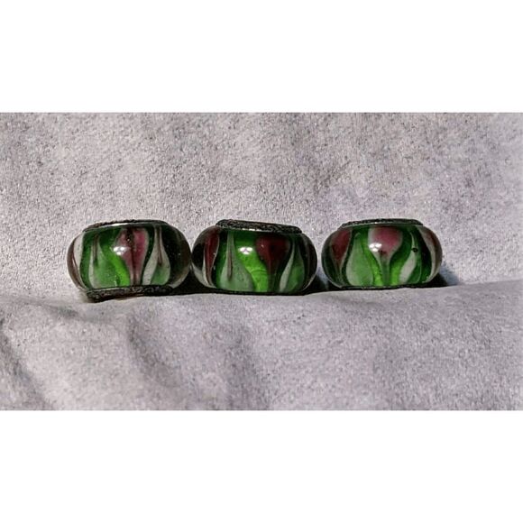 NEW SET OF 3 PANDORA MURANO BEADS TRANSLUCENT GREEN W/PINK & WHITE MARKINGS - Picture 1 of 3